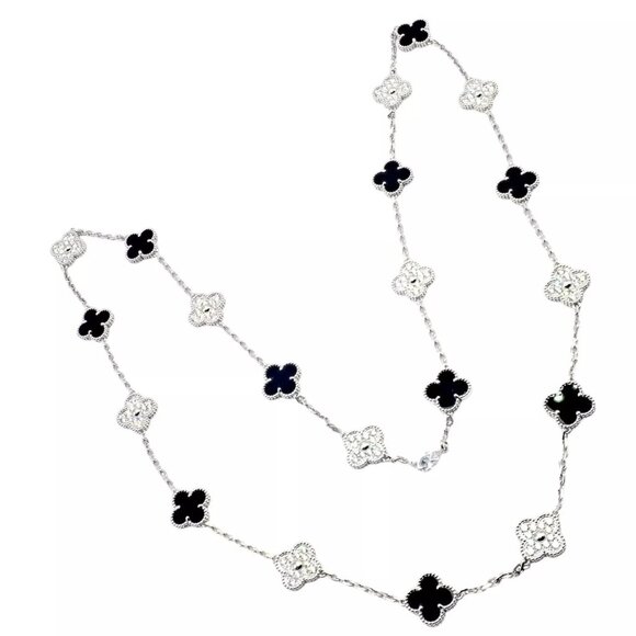 Van Cleef & Arpels 18k White Gold 20 Motif Alhambra Diamond Black Onyx Necklace - Picture 1 of 9